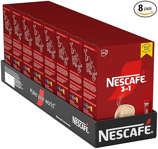 NESCAFÉ 3-in-1 Getränkepulver-Sticks, löslicher Bohnenkaffee mit Creamer & Zucker, Instant-Kaffee aus erlesenen Kaffeebohnen, koffeinhaltig, 8er Pack (8 x 10 -Sticks à 16,5g)