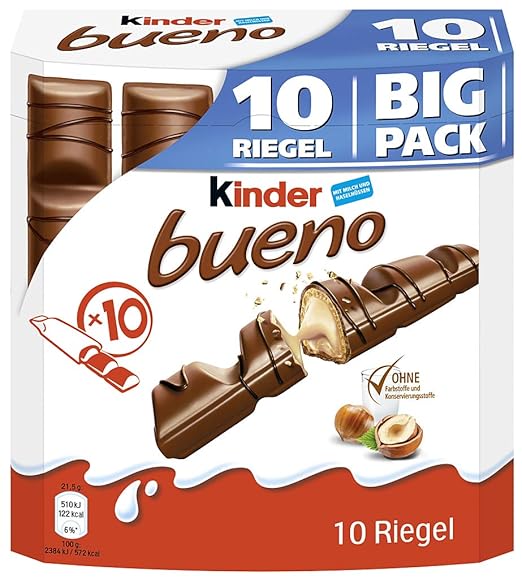 kinder bueno Big Pack – Schokoriegel mit knuspriger Waffel, feiner Milch-Haselnuss-Cremeund zarter Vollmilchschokolade – 1 Großpackung mit 10 einzeln verpackten Riegeln (10 x 21,5 g)