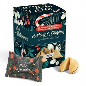 FOOD Crew 12x Weihnachtsglückskekse mit Spekulatius Geschmack - Glückskekse Weihnachten - Süßigkeiten Weihnachten - Gebäck Einzeln Verpackt mit deutschen Sprüchen - Vegan - Made in Germany