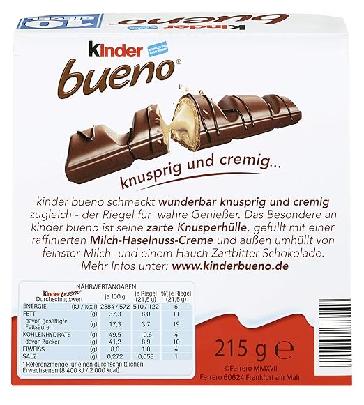 kinder bueno Big Pack – Schokoriegel mit knuspriger Waffel, feiner Milch-Haselnuss-Cremeund zarter Vollmilchschokolade – 1 Großpackung mit 10 einzeln verpackten Riegeln (10 x 21,5 g) – Bild 5